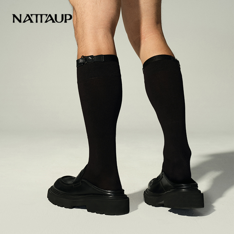 Nattaup B Series Detachable Retro Pu Leather Belt Design Decorative Buckle Mid-Calf Socks Black