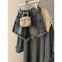 Fat girl high-waist raw edge fringed denim shorts womens summer new large size loose washed wide-leg hot pants trendy