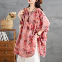 Plus size fat girl belly-covering slim shirt womens summer loose a-line baby shirt mid-length ramie printed shirt trendy