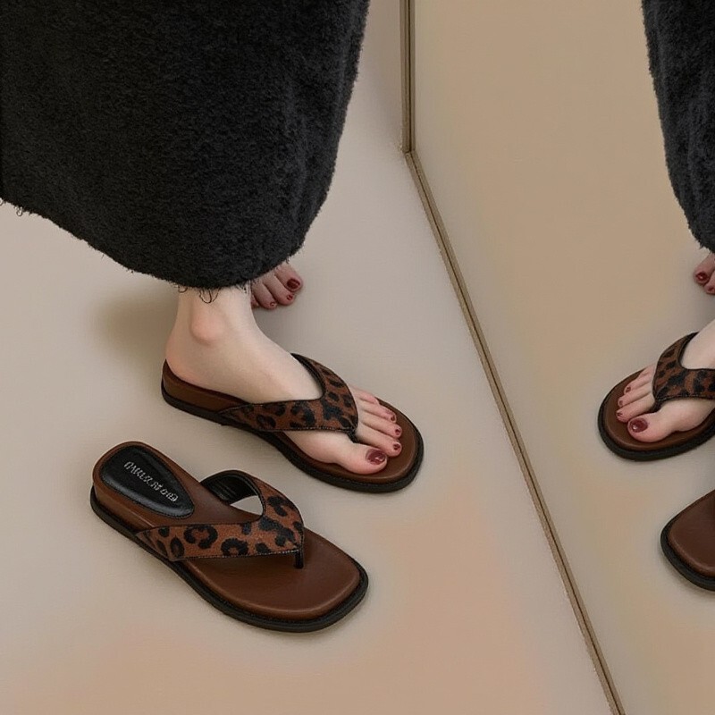 Trendy Square-Toe Leopard Print Platform Flip-Flops for Women, Summer 2026 New Style, Beach Sandals to Wear with Dresses