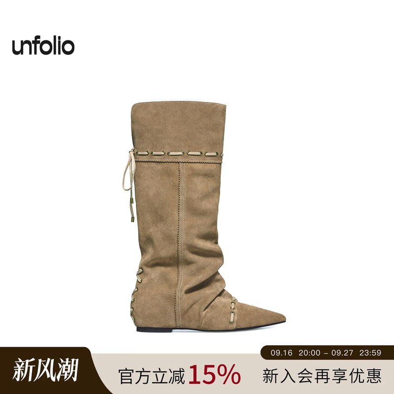 [Same Style as Ouyang Nana] Unfolio Nomadic Style Knee-High Boots, Foldable and Convertible, Pointed Toe Slouch Boots