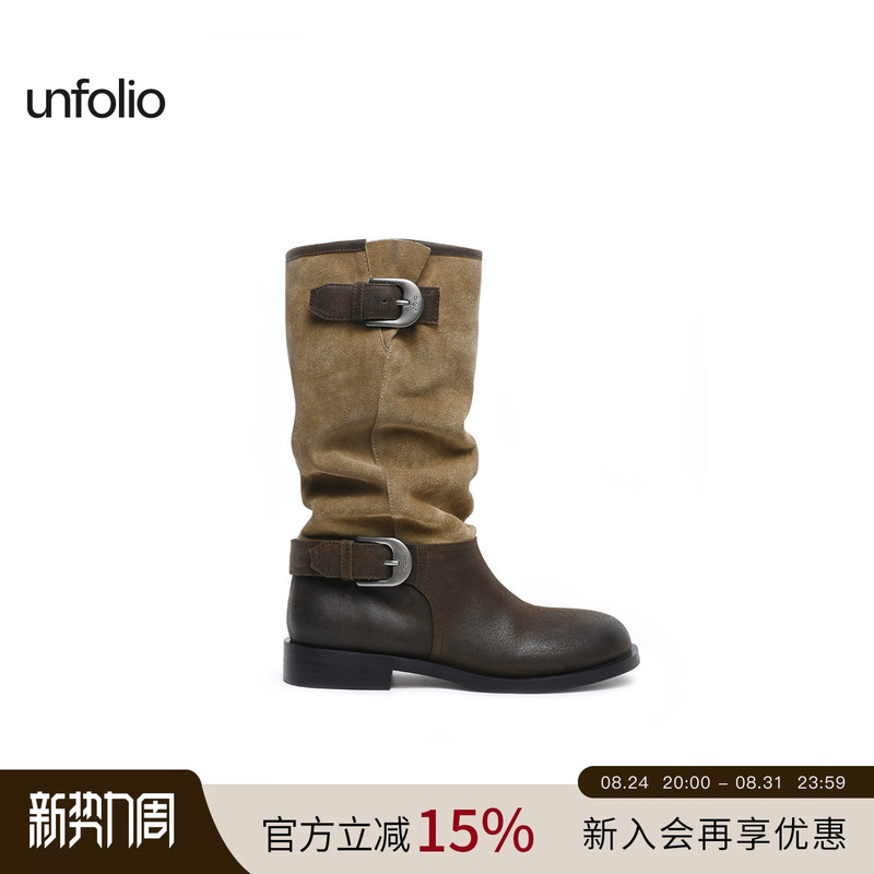 [Celebrity Style] Unfolio Metal Buckle Long Boots Round Toe Mid-Calf Riding Boots for Women
