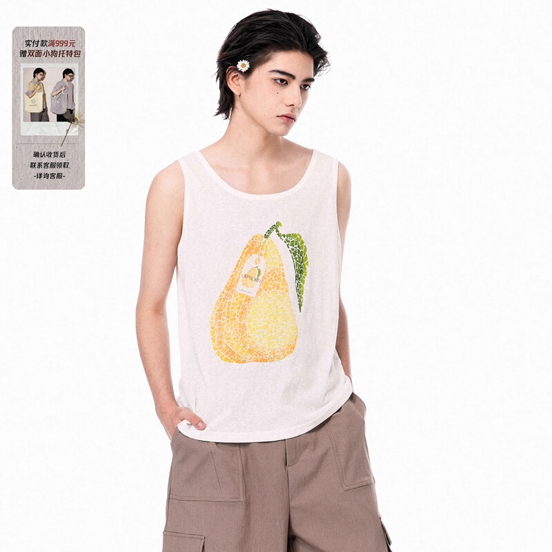 Oipword Fragmented Pear Three-Dimensional Print Design Cotton Linen U-Neck Backless Top Vest Unisex