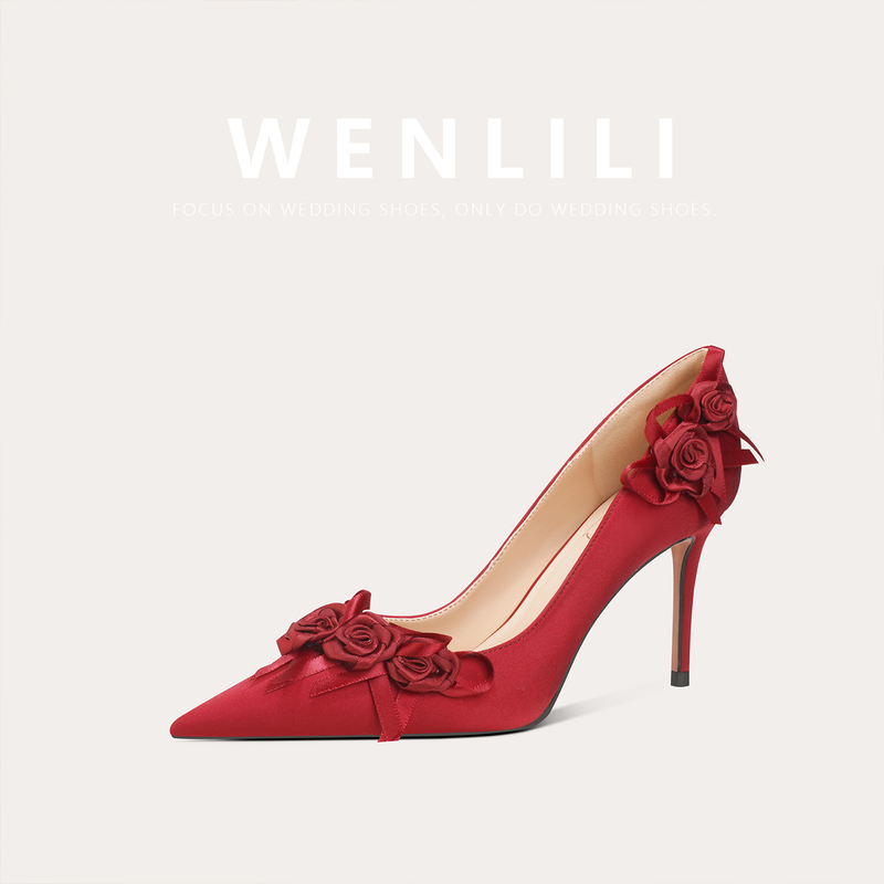 Wenli French-Style Red Rose Flower Banquet Bridal Wedding Shoes, Women's Wedding Dress Sheepskin Stiletto High-Heeled Shoes Wenli French-Style Red Rose Flower Banquet Bridal Wedding Shoes, Women's Wedding Dress Sheepskin Stiletto High-Heeled Shoes