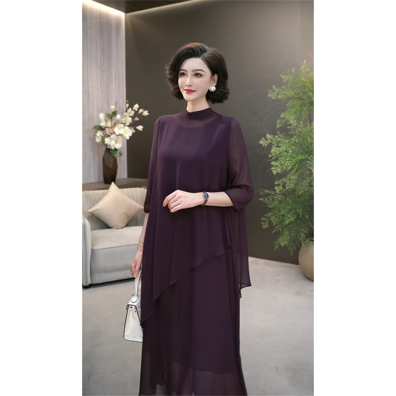 2026 Summer High-End Luxurious Purple Stand-Up Collar Lightweight and Flowy Heavy Gauze Slimming and Whitening Dress Wf3689