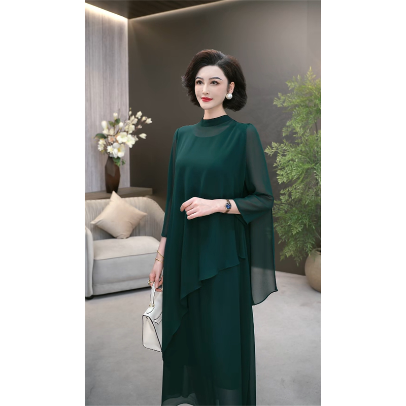 2026 Summer High-End Luxurious Dark Green Stand-Up Collar Fashionable Lightweight Flowing Heavy Gauze Elegant Slimming Dress Wf3686