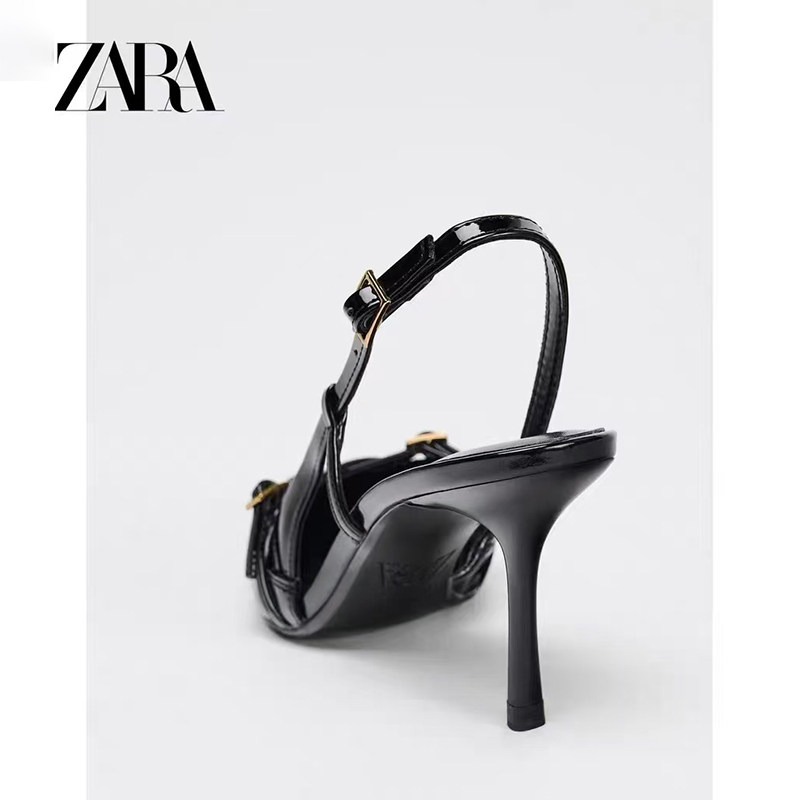 ZARA女鞋2025春季新品黑色搭扣带饰高跟穆勒鞋尖头后绊带细跟凉鞋 3
