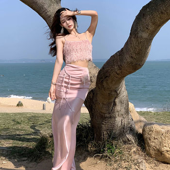 Hollinna Top with Straps, Pink Tube Top and Skirt Set for Women, New Summer Style, Beach Vacation, Socialite Two-Piece Set