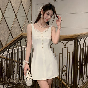 Hollin French Simple White Suspender Square Neck Dress Women's Summer Design Waist Elegant A-Line Short Skirt
