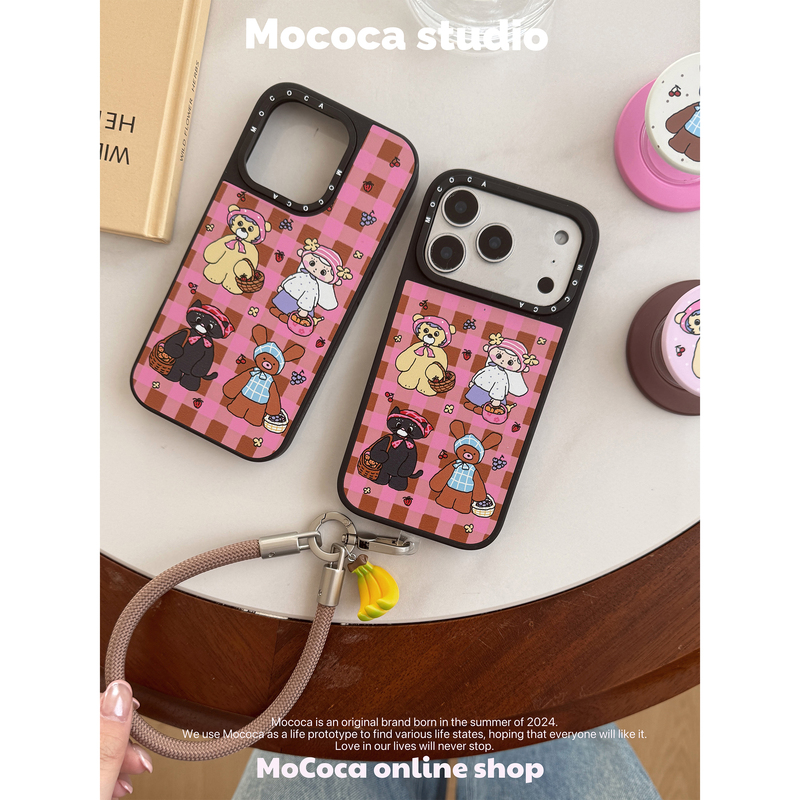 Mococa's "Picnic Squad" Illustrator Collaboration Model ~ Mirror Matte Plaid Korean-Style Magnetic Cute Original Design Full-Cover Phone Case Suitable for 18Promaxiphone17Pro