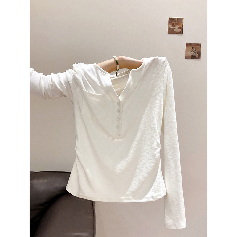 Casual V-Neck Long-Sleeved Bottoming Shirt for Women, New Autum Style, Single Flap Pocket Design, T-Shirt, Pleated Waist-Cinching Short Top Casual V-Neck Long-Sleeved Bottoming Shirt for Women, New Autum Style, Single Flap Pocket Design, T-Shirt, Pleated Waist-Cinching Short Top