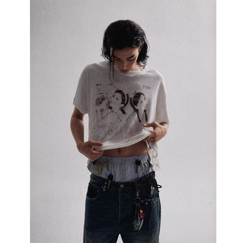 Cantonboy Limited Time Return Next Stop: Diva Twins Printed Snowflake Linen Vintage Texture Short-Sleeve T-Shirt