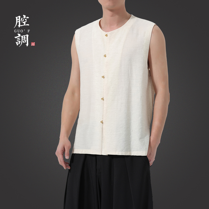 Men's Summer Thin Sleeveless Vest with Copper Buttons, Loose T-Shirt, Casual Vest, Chinese Style Sleeveless Top for Men