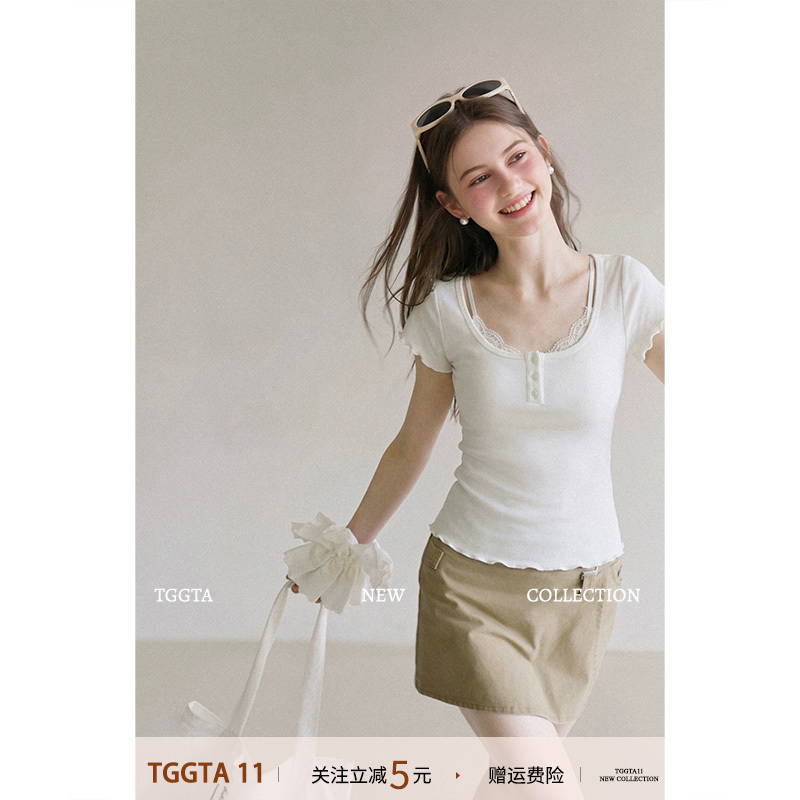 Tggta White U-Neck Lace Short-Sleeve T-Shirt for Women, Summer 2026 New Slim-Fit Ruffled Top Tggta White U-Neck Lace Short-Sleeve T-Shirt for Women, Summer 2026 New Slim-Fit Ruffled Top