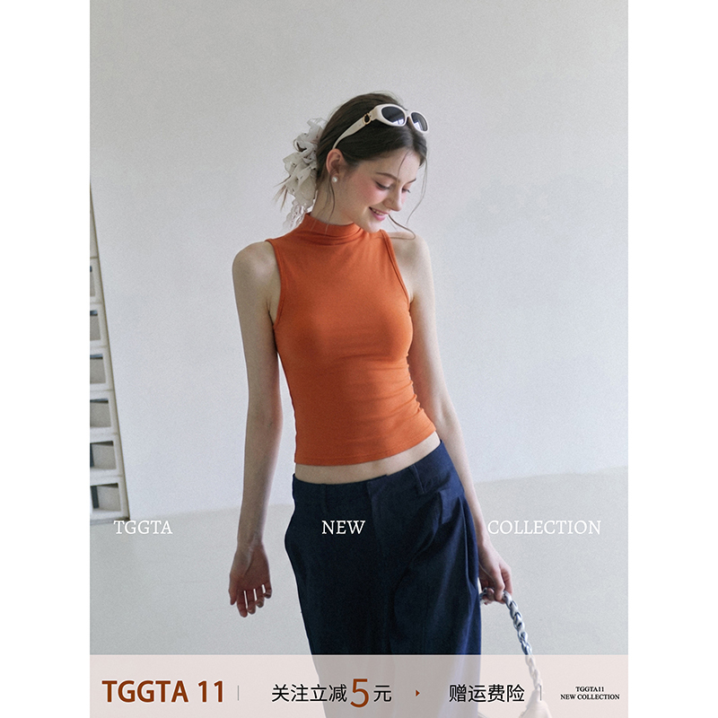 Tggta Orange Half-High Collar Camisole for Women, Summer 2026 New Slim-Fit Short Sleeveless Top Tggta Orange Half-High Collar Camisole for Women, Summer 2026 New Slim-Fit Short Sleeveless Top
