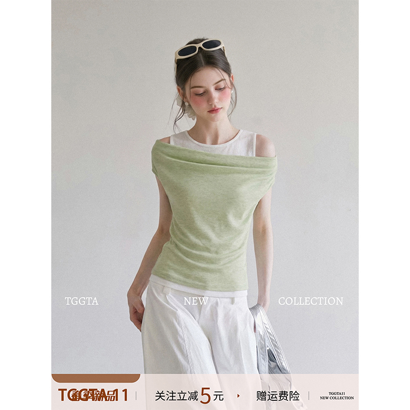 Tggta Green One-Shoulder Short-Sleeved T-Shirt for Women, Summer 2026 New Design, Slim-Fit Off-Shoulder Top Two-Piece Set