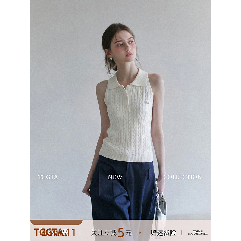 Tggta White Knitted Camisole for Women, Summer 2026 New Style, Slim Fit Polo Collar Sleeveless Top for Outerwear Tggta White Knitted Camisole for Women, Summer 2026 New Style, Slim Fit Polo Collar Sleeveless Top for Outerwear