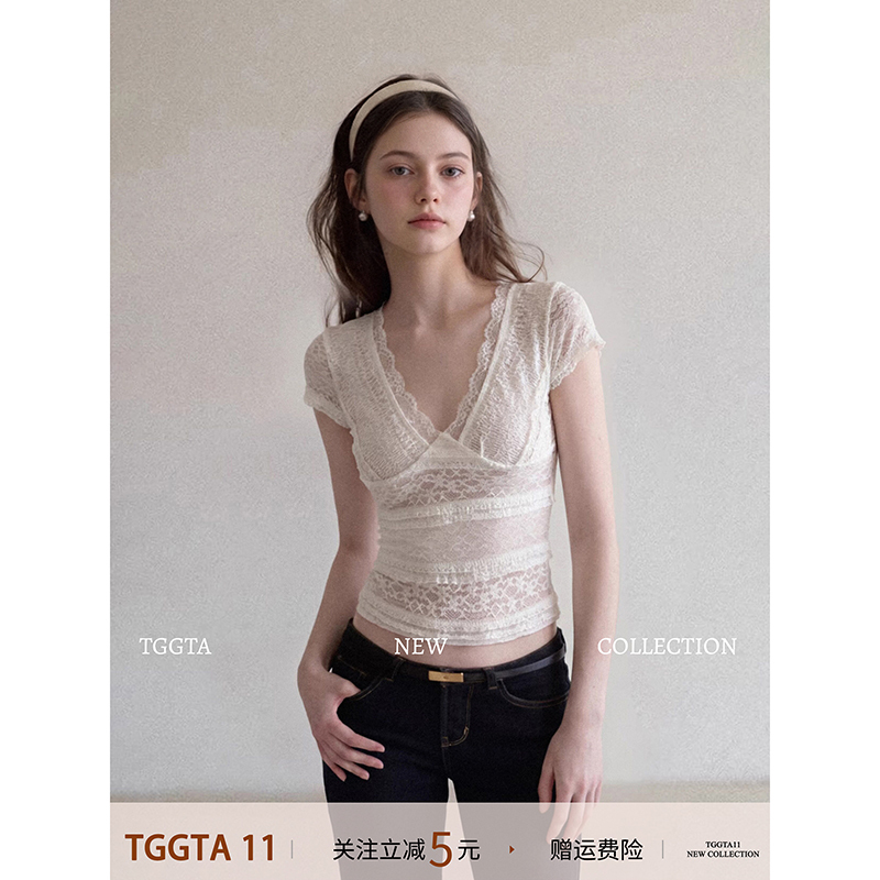 Tggta White Lace Cut-Out Shoulder Short-Sleeve T-Shirt for Women, Summer 2026 New Design, Slim-Fit Short Top Tggta White Lace Cut-Out Shoulder Short-Sleeve T-Shirt for Women, Summer 2026 New Design, Slim-Fit Short Top