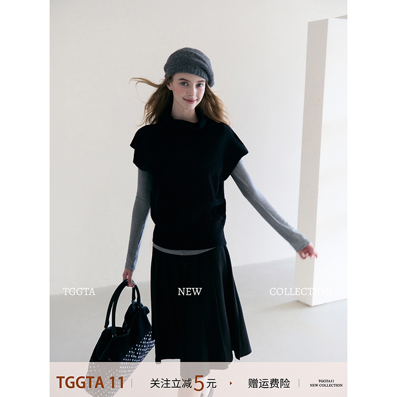 Tggta Black Turtleneck Long-Sleeved Knitwear Women's Autumn and Winter Base Layer Knitwear Vest Outer Layering Top