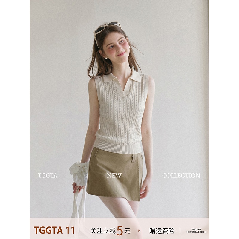 Tggta Apricot-Colored Twist Knit V-Neck Camisole for Women, Summer 2026 New Slim-Fit Polo Collar Sleeveless Top Tggta Apricot-Colored Twist Knit V-Neck Camisole for Women, Summer 2026 New Slim-Fit Polo Collar Sleeveless Top