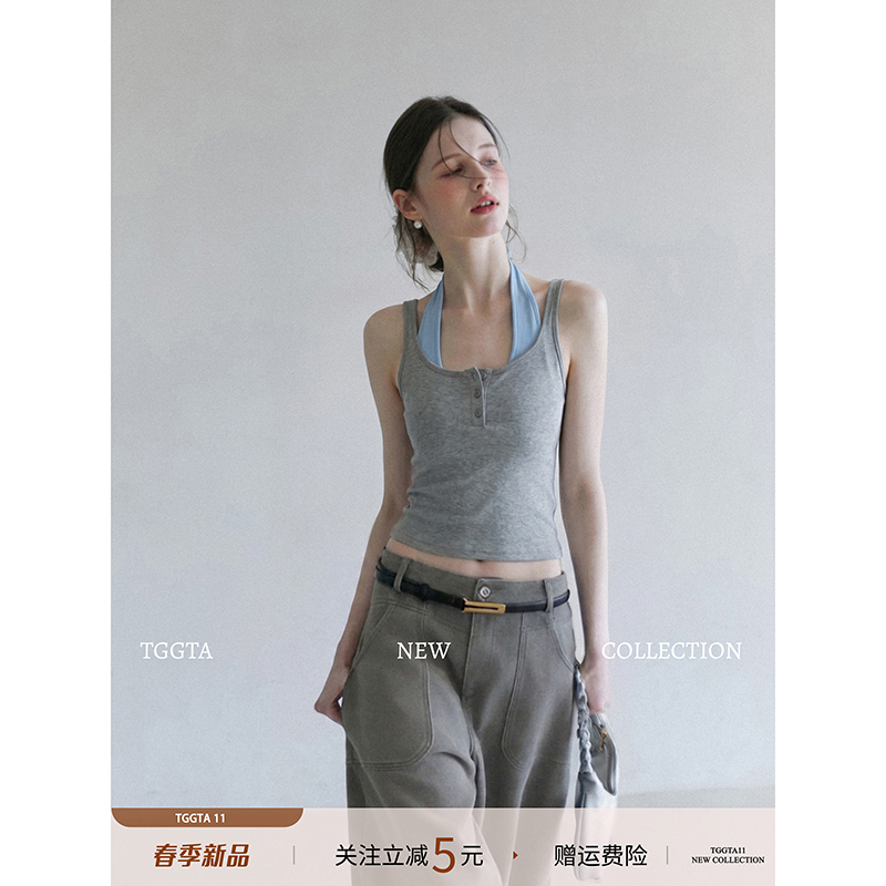 Tggta Gray Fake Two-Piece Halter Neck Camisole for Women, Summer 2026 New Style, Slim Fit Short Sleeveless Top for Outerwear