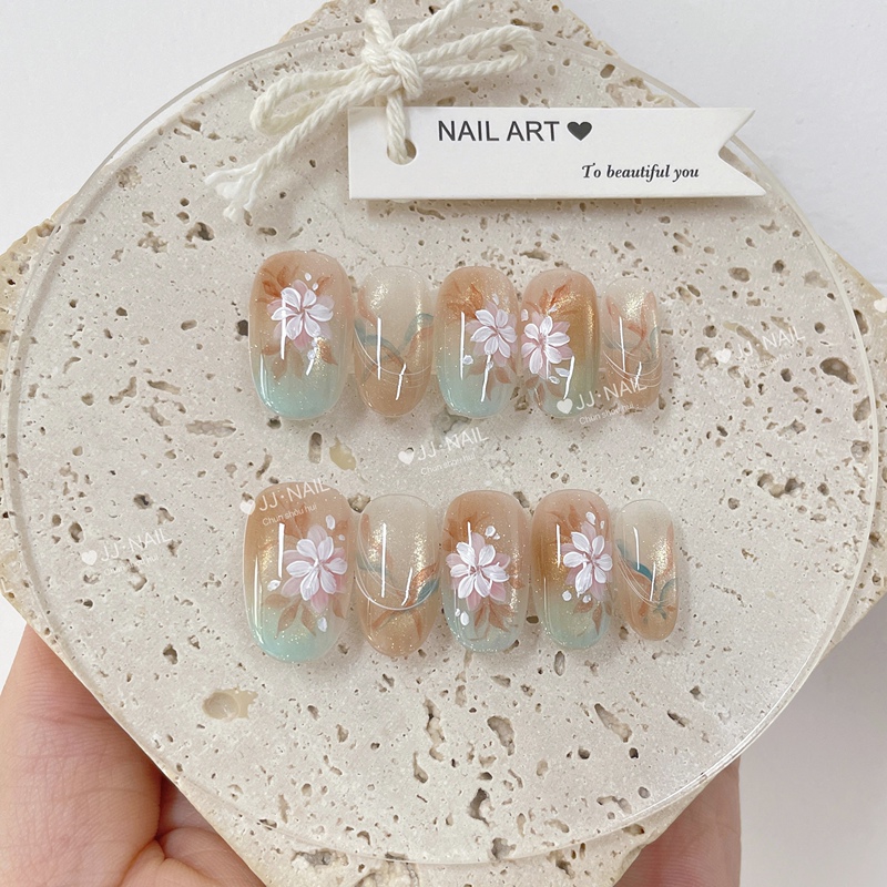 【Feitianyi】Gentle Flower Gradient Wearable Nails, Short Style, Transparent and Brightening, Fairy-Like