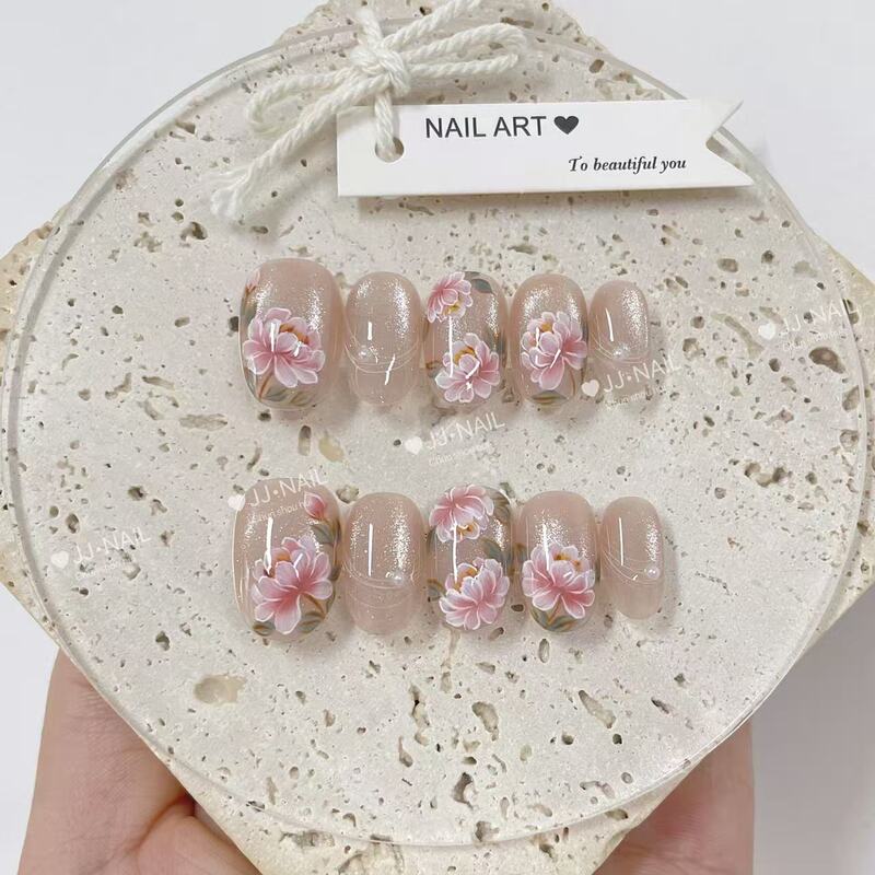 【Pink Spoon Medicine】Flower Pattern Wearable Nails Nude Transparent Base Pink Flower Nail Art Stickers Nail Decoration 【Pink Spoon Medicine】Flower Pattern Wearable Nails Nude Transparent Base Pink Flower Nail Art Stickers Nail Decoration
