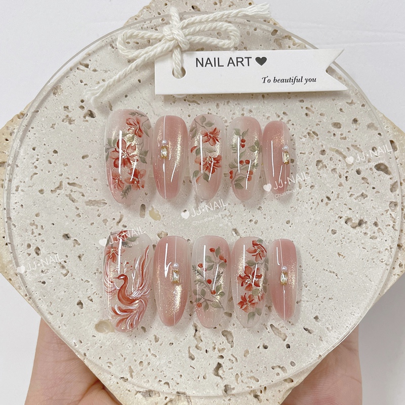 【Flower Phoenix】Pink Flower Press-On Nails, Handmade, Brightening, Elegant, Detachable Nail Tips 【Flower Phoenix】Pink Flower Press-On Nails, Handmade, Brightening, Elegant, Detachable Nail Tips