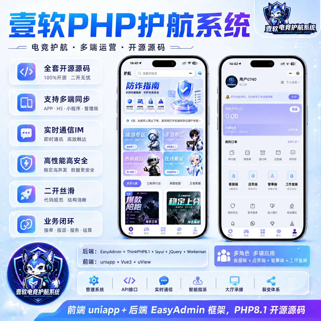 【全开源】壹软护航游戏代练系统源码支持APP小程序h5三角州电竞护航游戏代练，新一代陪玩护航系统源码 | ThinkPHP8.1 + Workerman高性能IM + Uniapp多端-济南壹软网络科技