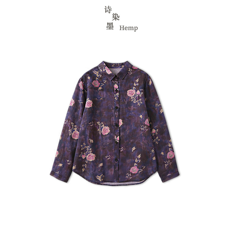 [Purple Rose Print Ramie Shirt] 5336