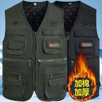 Autumn and winter cotton and velvet thickened vest for middle-aged and elderly people with multiple pockets casual waistcoat fishing photography outdoor warm vest