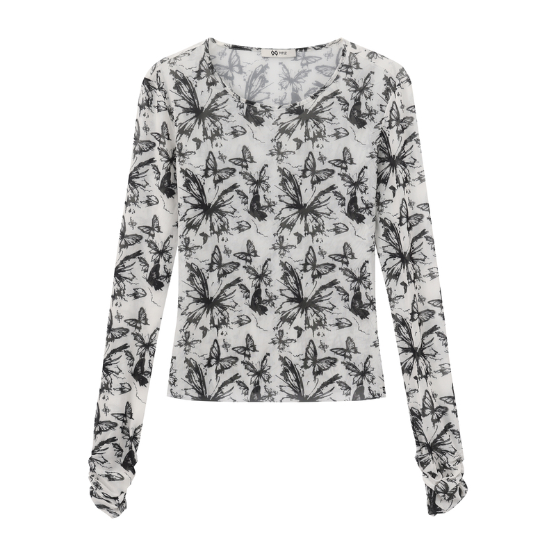 Clearance Pinz How Original Black Butterfly Ink Print Lace Smock Long-Sleeve Round-Neck High-Stretch Base Shirt