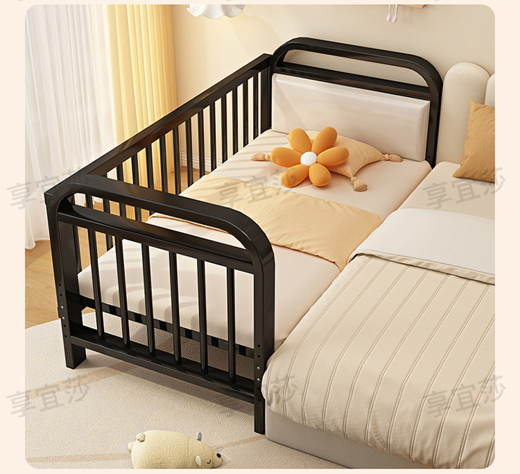 儿童拼接床 铁艺儿童拼接床 可升降护栏 奶油白色现代简约儿童床设计