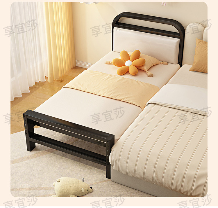 儿童拼接床 铁艺儿童拼接床 可升降护栏 奶油白色现代简约儿童床设计