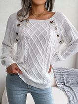 Women Casual Square Collar Buttons Long Sleeve Knitted Pullo