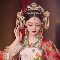Xiuhe tiara Chinese blue phoenix crown classical golden retro saint crown bride crane wedding makeup accessories