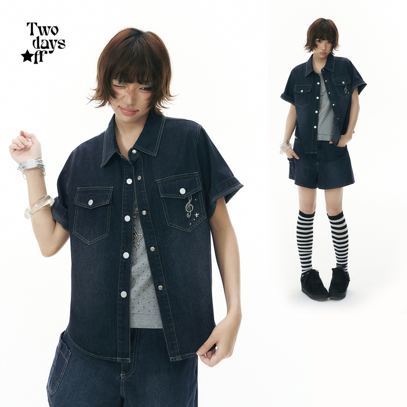 Twodaysoff Double Weekend Light Asian Style Vintage Musical Note Embroidered Denim Shirt Women's Summer Retro Casual Jacket