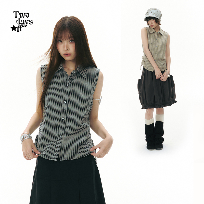 Twodaysoff Korean-Style Vintage Striped Sleeveless Shirt for Women, Summer Drawstring Waist Slimming Tank Top