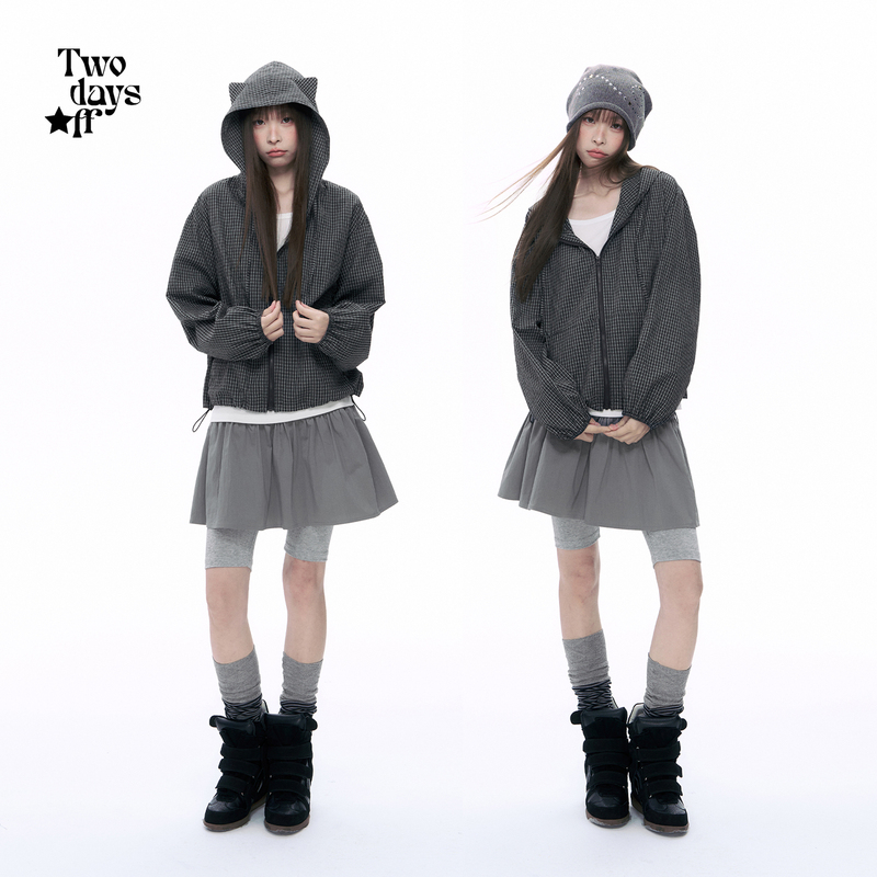 Twodaysoff Double Weekend Korean Retro Plaid Cat Ear Hooded Jacket for Women, Autumn Relaxed Casual Jacket