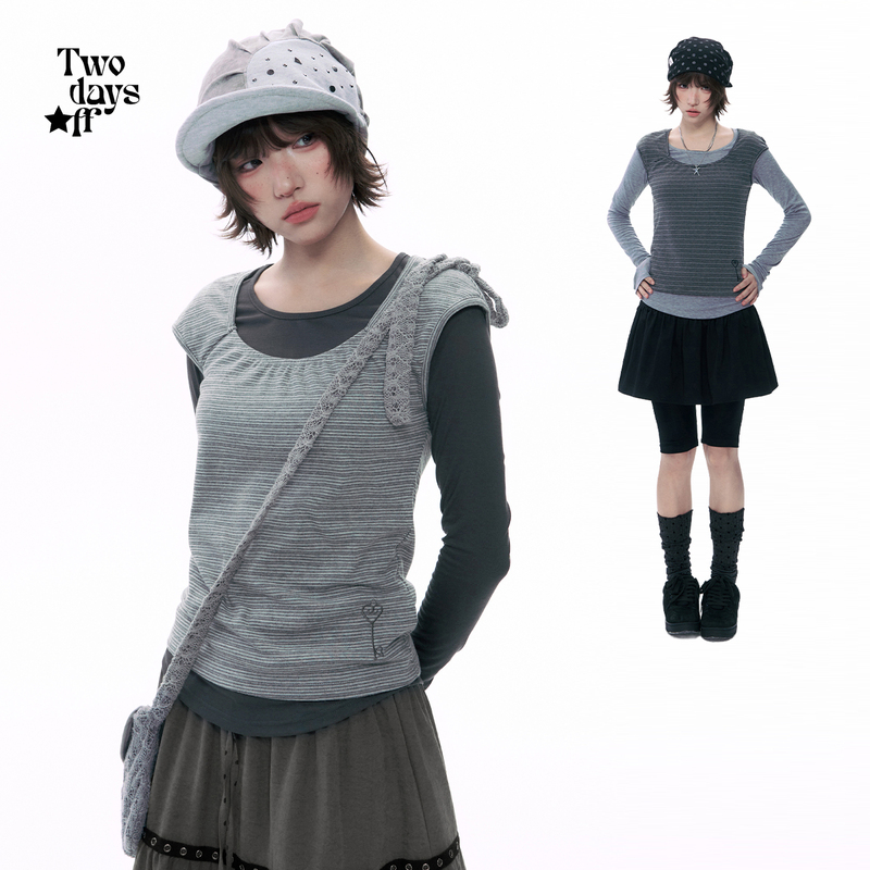 Twodaysoff Korean Style Sweet and Cool Striped Two-Piece Set Long T-Shirt for Women Early Autumn Simple Casual Top Twodaysoff Korean Style Sweet and Cool Striped Two-Piece Set Long T-Shirt for Women Early Autumn Simple Casual Top