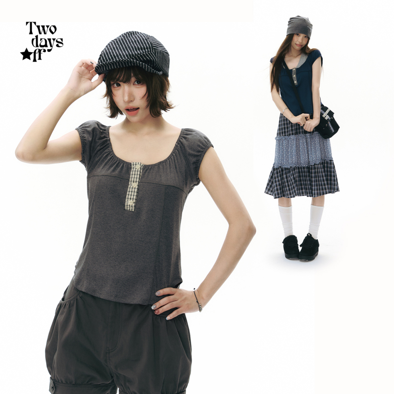 Twodaysoff Double Weekend Retro Plaid Placket T-Shirt Retro Niche Design Shoulder-Length Sleeves Top for Women Summer Twodaysoff Double Weekend Retro Plaid Placket T-Shirt Retro Niche Design Shoulder-Length Sleeves Top for Women Summer
