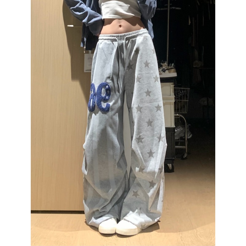Star Print Letter Embroidery Wide-Leg Curved Pants for Women 2026 New Style Loose Drape Casual Versatile Sports Pants