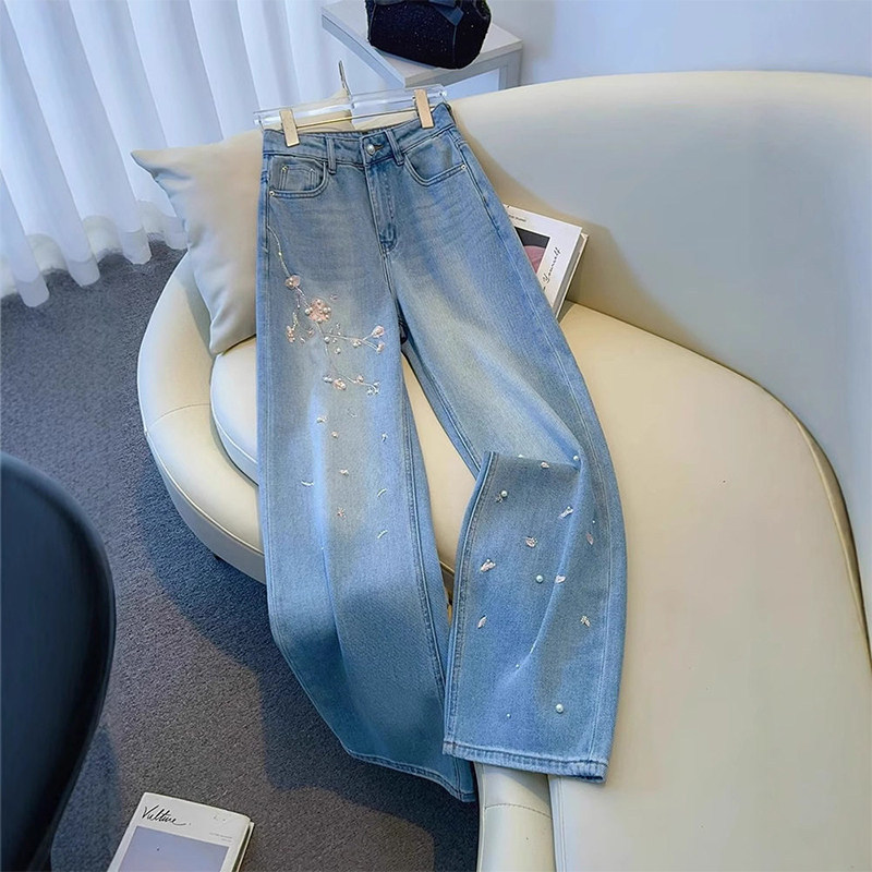 New High-Waisted Fashionable Chinese-Style Floral Embroidered Straight-Leg Jeans for Women, 2026 Spring/Summer Design Wide-Leg Jeans