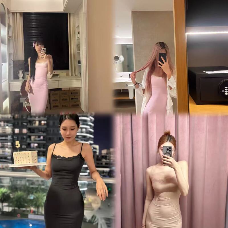 Skims Official Manufacturer Sexy Lace Patchwork Spaghetti Strap Long Dress Bodycon Hip-Hugging Shows Abs