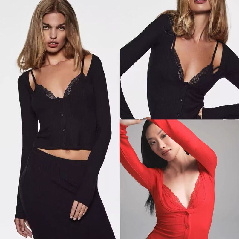 Popular Factory Product: Skims Lace Fake Two-Piece Tank Top with Long Sleeves, Sexy and Slim-Fitting, Versatile