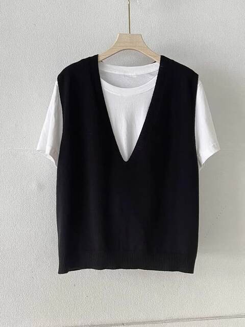 Japanese-Style V-Neck Black Versatile Slim-Fit Knit Vest for Women, Early Spring Layering Sweater, Sleeveless Top