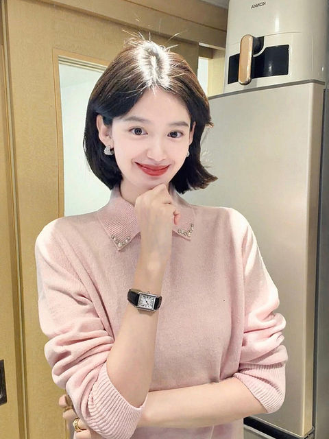 Great looking pink hot diamond lapel sweater for women in autumn and winter, soft and waxy inner sweater base polo collar top