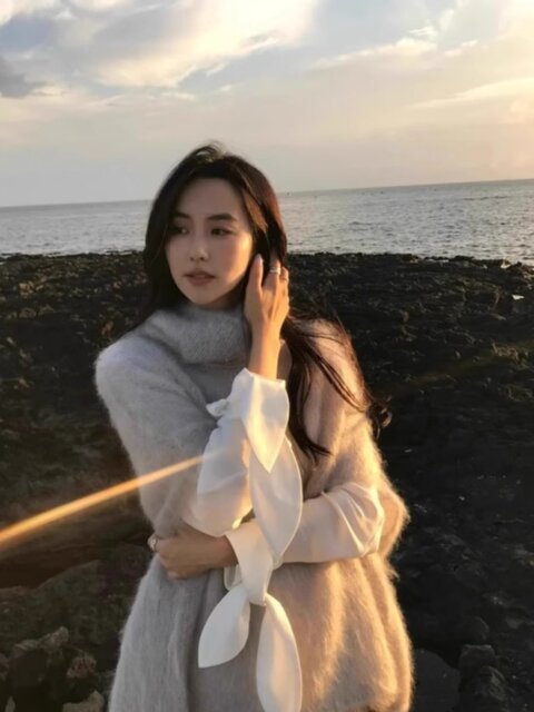 Mohair Turtleneck Knitted Vest for Women, Autumn and Winter Layering Sleeveless Loose Outerwear Cape Shawl Top