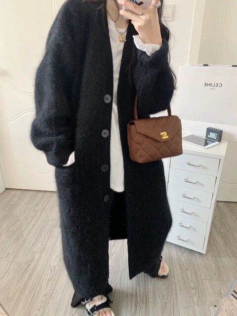 Black mink velvet sweater knitted cardigan for women autumn and winter Korean mid-length loose lazy high-end coat coat