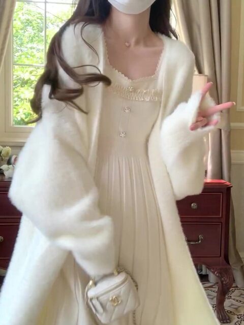 White mink velvet mid-length sweater knitted cardigan for women autumn and winter loose lazy style over the knee coat coat versatile